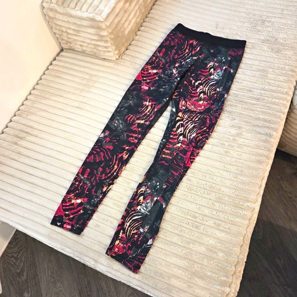 Roxy Womens XS Black Pink Animal Print Ankle Leggings Elastic Waist Stretch